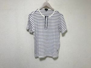 美品本物ポールスミスジーンズPAULSMITHJEANSコットンヘンリーネックボーダー柄半袖Tシャツ旅行トラベルメンズ白ホワイトブルーM