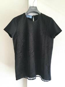 新品 プラダ 最高級 レース 装飾 Tシャツ L PRADA カットソー 黒 ブラック トップス