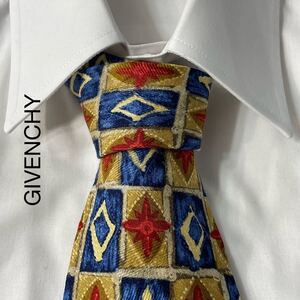 GIVENCHY ジバンシー パターン柄 デザイン シルク ネクタイ イタリア製 ライトブラウン ネイビー レッド TG368