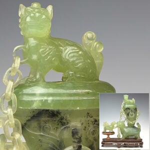 【趣楽】 中国古玩　天然秀玉材獣彫り遊環香炉　高さ２５ｃｍ　本物保証　Ｕ１７１１