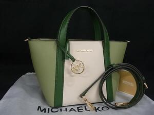 1円 ■極美品■ MICHAEL KORS マイケルコース レザー 2WAY クロスボディ ハンドバッグ ショルダー グリーン系×アイボリー系 FL0470