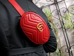 ●超美品●GUCCI グッチ●GGマーモント●カーフ レザー 本革●ウエスト ボディ バッグ●赤●ゴールド金具●イタリア製●斜め掛け●Js53692