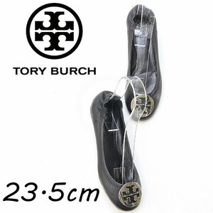 ◆TORY BURCH トリーバーチ レザー ロゴプレート ラウンドトゥ フラット パンプス バレエ シューズ 黒 ブラック 6 1/2