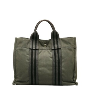 エルメス フールトゥＰＭ ハンドバッグ ミニトートバッグ カーキ グレー コットン レディース HERMES 【中古】