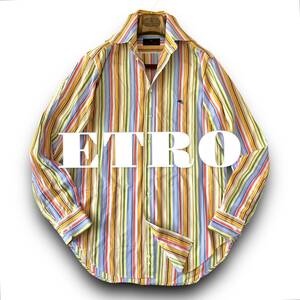 B25 極美品 名作 名品！定価5万 XLぐらい 39『エトロ ETRO』イタリアンコットン マルチカラー ストライプ 長袖 シャツ 鮮やかな色合い！