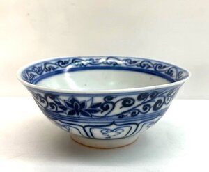 ★95454 茶碗 安南 染付 唐草 幅14ｘ奥行13.5ｘ高さ5.8cm 写し 東南アジア 展示品 1301★