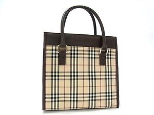 1円 ■美品■ BURBERRY バーバリー ノバチェック キャンバス×レザー ハンドバッグ トートバッグ ベージュ系×ブラウン系 FL1576