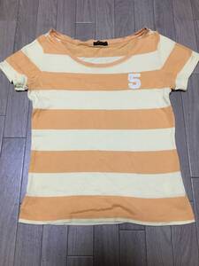 USED☆コムサイズム オレンジ×イエローのボーダーTシャツ Lサイズ