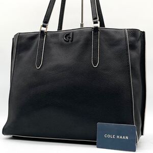 1円〜【美品】COLE HAAN コールハーン 大容量 メンズ トートバッグ ビジネスバッグ A4可能 肩掛け ロゴ ゴートゥー レザー ブラック