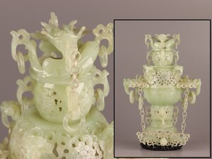 中国古玩 唐物 緑砡石 翡翠 遊環 置物 香炉 時代物 極上品 初だし品 C9927