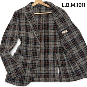 未使用級◎Lサイズ位!!アルパカ混!! ルビアム【お洒落の極み】L.B.M.1911 チェック アンコン ジャケット グレー系 ウール 秋冬◎メンズ