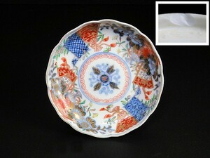 【金継材料】 427-083　古伊万里　金襴手　扇に花の図　4寸半皿