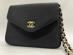 ■綺麗【CHANEL シャネル サテン ココマーク ゴールド×ブラック チェーン付き ミニポーチ ターンロック 希少品 保存袋付き】SH-18624