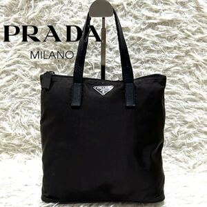 1円【良品】PRADA プラダ ナイロン トートバッグ 三角プレート レザーハンドル 本革 ハンド ブラック系 黒 白タグ Lampo ヴィンテージ 