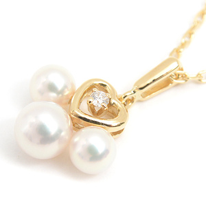 ミキモト ネックレス レディース 3Pパール ダイヤ ペンダント 4.1mm～5.0mm珠 イエローゴールド K18 MIKIMOTO 中古