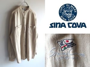 高級 SINA COVA シナコバ ロゴ刺繍 リネンコットン バンドカラーシャツ M ベージュ 日本製 国内正規品 イタリアブランド