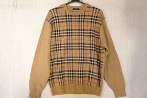 BURBERRY/バーバリー/長袖セーター/羊毛ニット素材/クルーネック/丸首/フロントチェック柄/ヴィンテージ/ベージュ/Lサイズ(12/18R6)