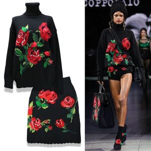 良品 国内正規品 DOLCE&GABBANA ドルチェ＆ガッバーナ ローズ インターシャ ウール カシミヤ タートルネック ニット スカート セットアップ