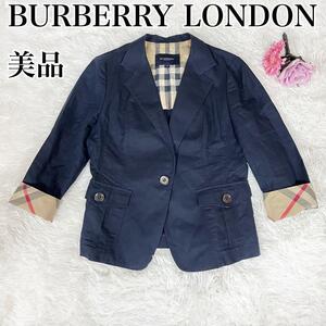 【美品】BURBERRY LONDON リネン 42 テーラードジャケット ロゴボタン 七分袖 三陽商会 日本製 MADE IN JAPAN M 7号９号　茶　紺