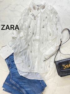 ZARA ザラ★タグ付き未使用★大人素敵★光沢素材 ラインストーン フラワービジュー シャツ ブラウス★ホワイト白 Sサイズ 1003