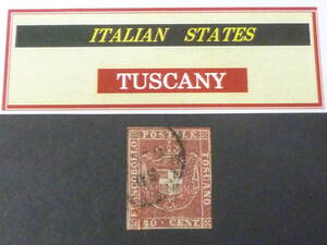 24　M　№29　イタリア切手 TUSCANY　1860年　SC#21　40c　透かし有　使用済　【近年版SC評価 $360】　※説明欄必読