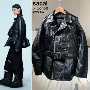 新品 2022AW sacai サカイ schott ショット コラボ レザー ライダース ジャケット 2 定29.7万 黒 レディース M ブラック 送料無料