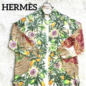 エルメス　シルク１００％　Vintage メンズシャツ ブラウス 花柄 総柄