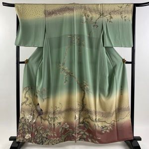 訪問着 身丈160.5cm 裄丈66.5cm M 袷 落款 鳥 草花 薄緑 正絹 美品 名品 【中古】