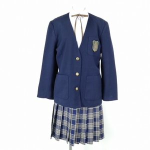 1円 イートン チェックスカート 紐タイ 上下4点セット 指定 大きいサイズ 冬物 女子 学生服 埼玉山村学園高校 紺 制服 中古 ランクC EY8863