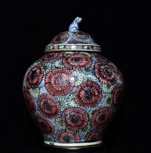 1:7033KL 人間国宝 中国骨董 磁器【元代の青花五彩蓋缶です】工芸品 施釉陶 青花磁 陶芸 置物 收藏品