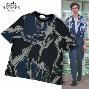 美品 国内正規品 HERMES エルメス Dance of Horses Light 21ss 半袖コットン ジャガード ホースロゴ Tシャツ XL ネイビー メンズ