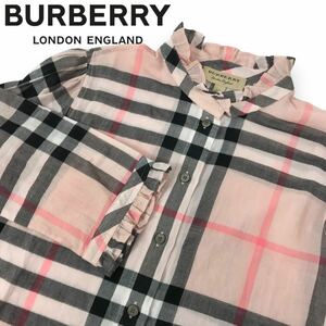 m81 BURBERRY バーバリー チェック柄 長袖シャツ 襟フリル ピンク トップス ブラウス コットン 100% UK6 レディース 正規品