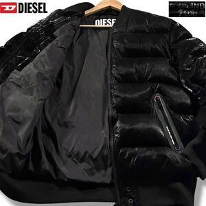 未使用級/XLサイズ相当●極暖 DIESEL ディーゼル MA-1 ボンバー ダウンジャケット アウター 中綿 肉厚 微光沢 背面BIGロゴ 黒 ブラック