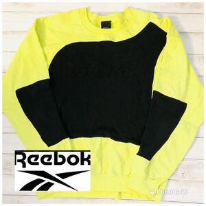 リーボック　Reebok XS 裏起毛　ツートーン　ビッグロゴ　スウェット　トレーナー　蛍光イエロー×ブラック