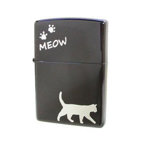 送料無料 ジッポー オイルライター meow ネコ 黒メッキミラー銀差し CAT-KB　&ギフトボックスセット（オイル＋フリント+BOX）
