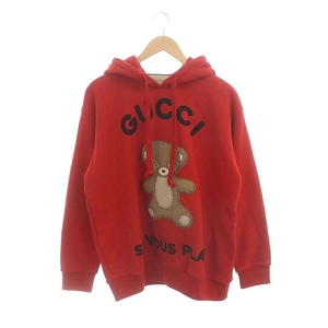 未使用品 グッチ GUCCI TEDDYBEAR パーカー フーディー スウェット プルオーバー ロゴ ニットアップリケ コットン XS 赤 717427 メンズ