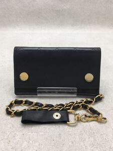 CHANEL◆マトラッセ/ミニチェーンウォレット/角擦れ有/2つ折り財布/レザー/BLK