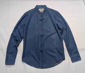 送料無料　ZARA DENIM COLLECTION ザラ　総柄 織模様 クロス ドット シャンブレー デニムシャツ ワークシャツ 長袖 ビンテージ USED 加工