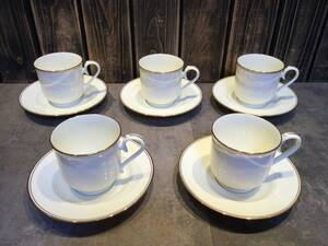 美品　Noritake　Contemporary Bone China　ノリタケ　コンテンポラリー　カップ＆ソーサー　5客セット　クリーム色　金縁