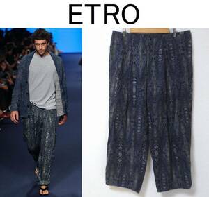 正規品 大きいサイズ56 美品 イタリア製 ランウェイ使用 17SS ETRO エトロ 麻100％ 総柄 リネン ワイドパンツ リラックスパンツ 