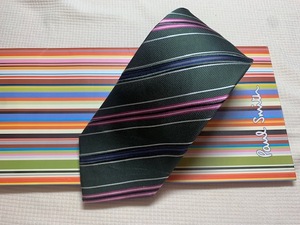 Paul Smith ポールスミスMade in Italy ネクタイ緑ピンクストライプ柄シルク100