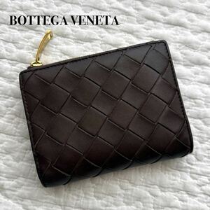 美品ボッテガヴェネタ BOTTEGA VENETA 二つ折り財布 小銭入れ マキシイントレチャート レザー コンパクトウォレット ダークブラウン