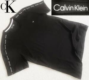 新品★カルバンクライン★ブラック Tシャツ★黒&白 肩ロゴテープ★ロゴ刺繍★半袖 カットソー XL★CK Calvin Klein★718