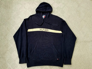 良好 90s ビンテージ TOMMYHILFIGER トミーヒルフィガー コットンニット パーカー L 実寸 XL 紺 // スウェットパーカー