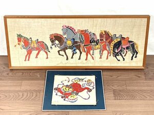 【え沖】琉球紅型 紅型 2点セット 五色絵馬図 シーサー びんがた 沖縄 民芸 伝統工芸 中古 現状品 沖260 MD265MSS73