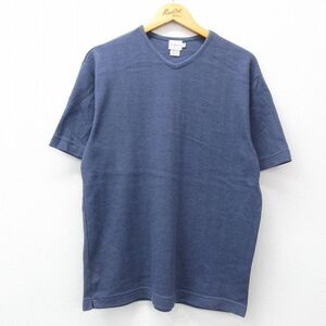 【30%OFF】XL/古着 カルバンクライン 半袖 ブランド Tシャツ メンズ 00s ワンポイントロゴ コットン Vネック 紺 ネイビー 24jul06 中古 3OF