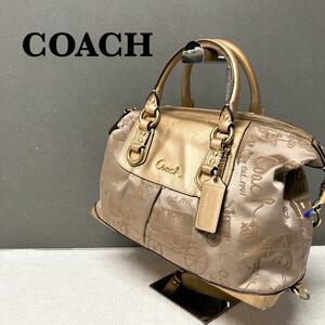 美品COACH コーチセミショルダーバッグトートバッググレージュゴールド総柄