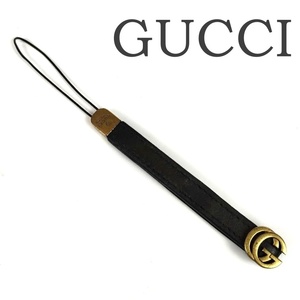 GUCCI グッチ レザー 携帯ストラップ チャーム キーホルダー レディース メンズ ブラック GG金具ゴールド 中古