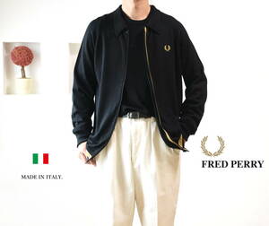 【イタリア製】FRED PERRY｜フレッドペリー　月桂樹刺繍＆ライン使いが素敵なジップニットブルゾン sizeL【ウール100%】