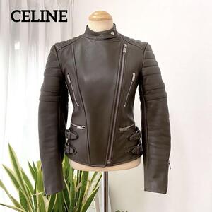 美品★CELINE セリーヌ★フィービー期★希少カラー　カーキ★ダブルライダース　レザージャケット　羊革　ラムレザー３６